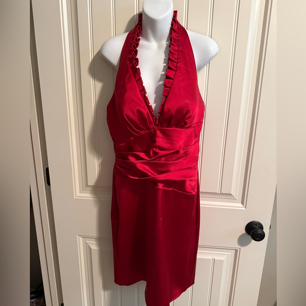 Betsy & Adam Red Satin Cocktail Dress with Halter Neck